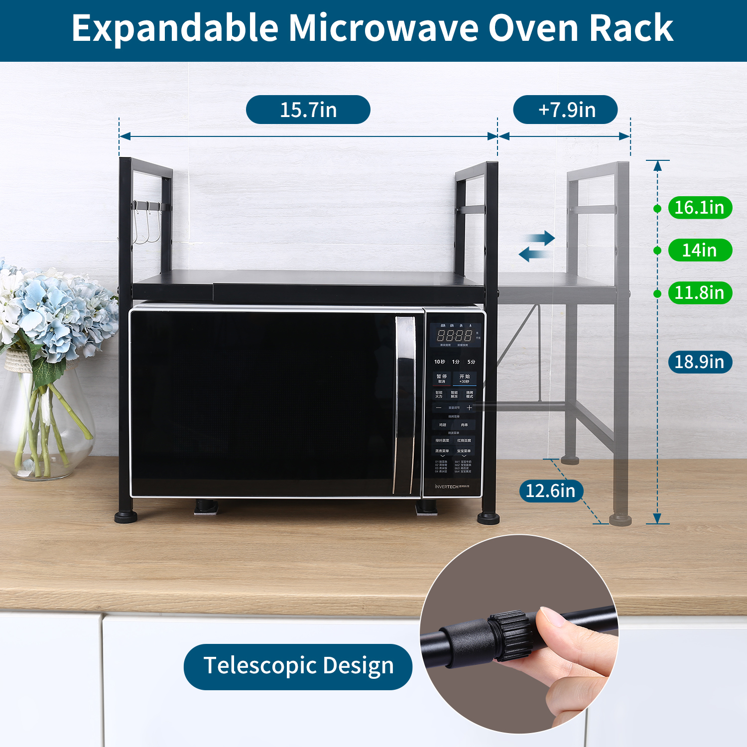 Extendable Microwave Oven Rack, Adjustable Microwave/toaster Shelf Heavy Duty Stand Kitchen Counter Top Organizer Black Morderm