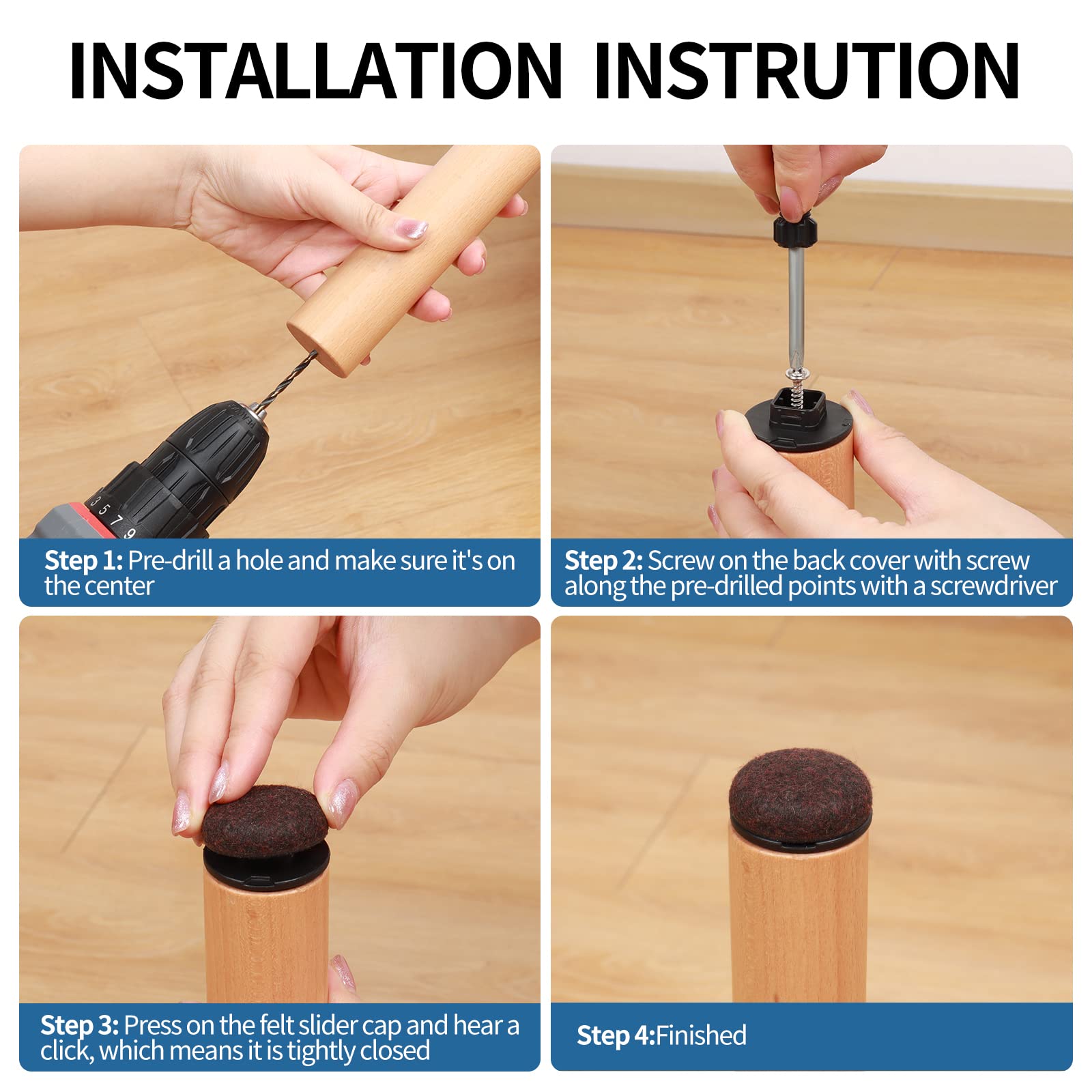 Square Furniture Glides Nail-On Slider for Hardwood Dining Wooden Furniture PTFE Chair Leg Floor Protectors Rubber Felt Material