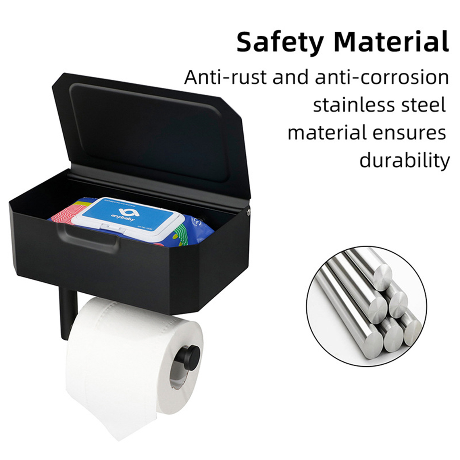 New Design Metal Stainless Steel Black Cell Phone Holder Cover Storage Box Toilet Paper  Standing Toilet Paper Holder