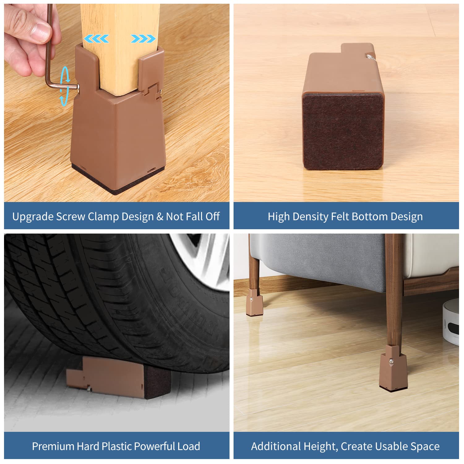 4-Inch Heavy-Duty Adjustable Plastic Bed and Furniture Risers with Screw Clamp for Sofa Tables and Chairs for Square Pads
