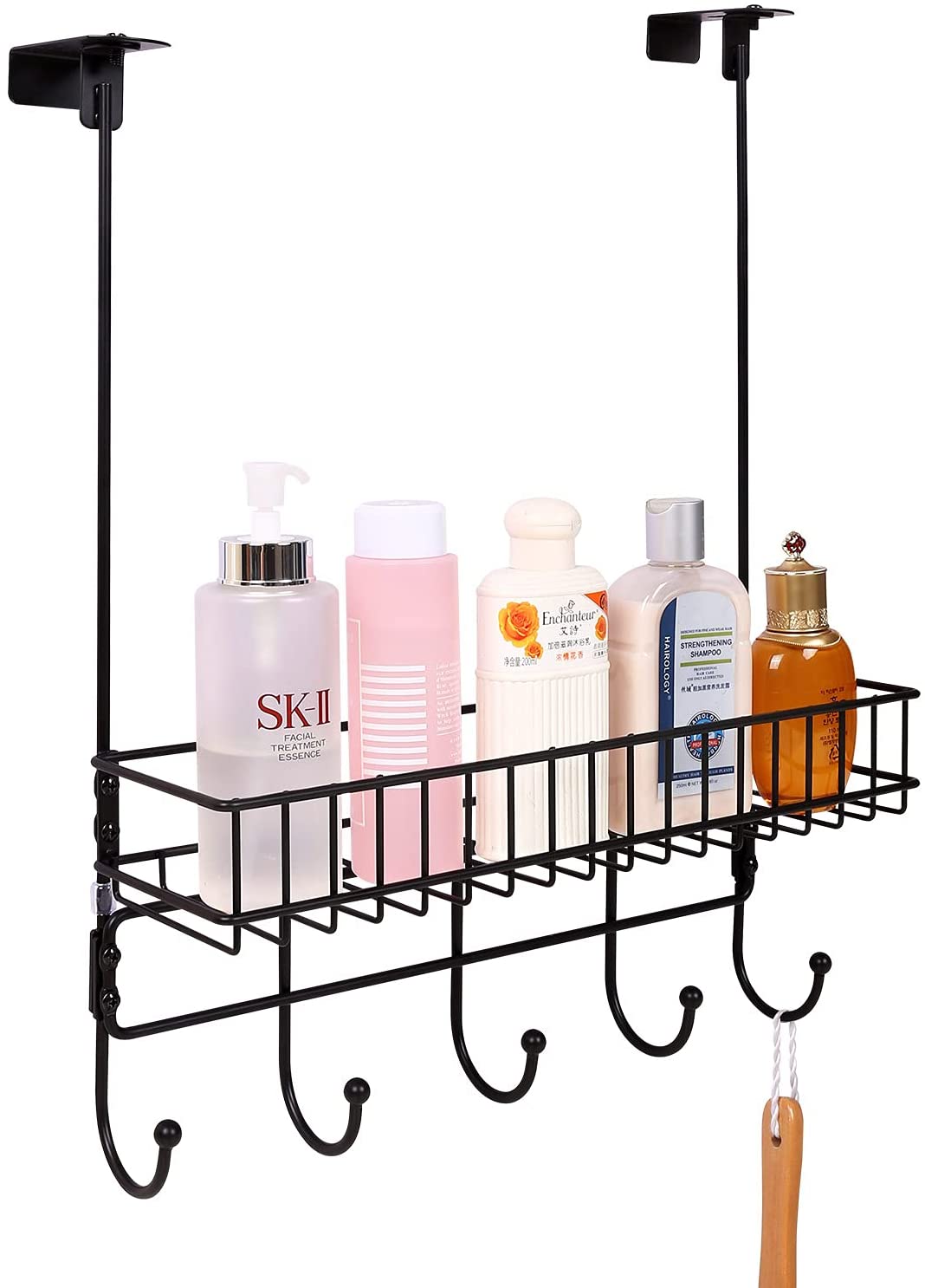 Rustproof Coat Rack Spice Rack, Clamp Adjustable Over the Door Hanger with Basket, Built-in 5 Hooks Metal Storage Shelf