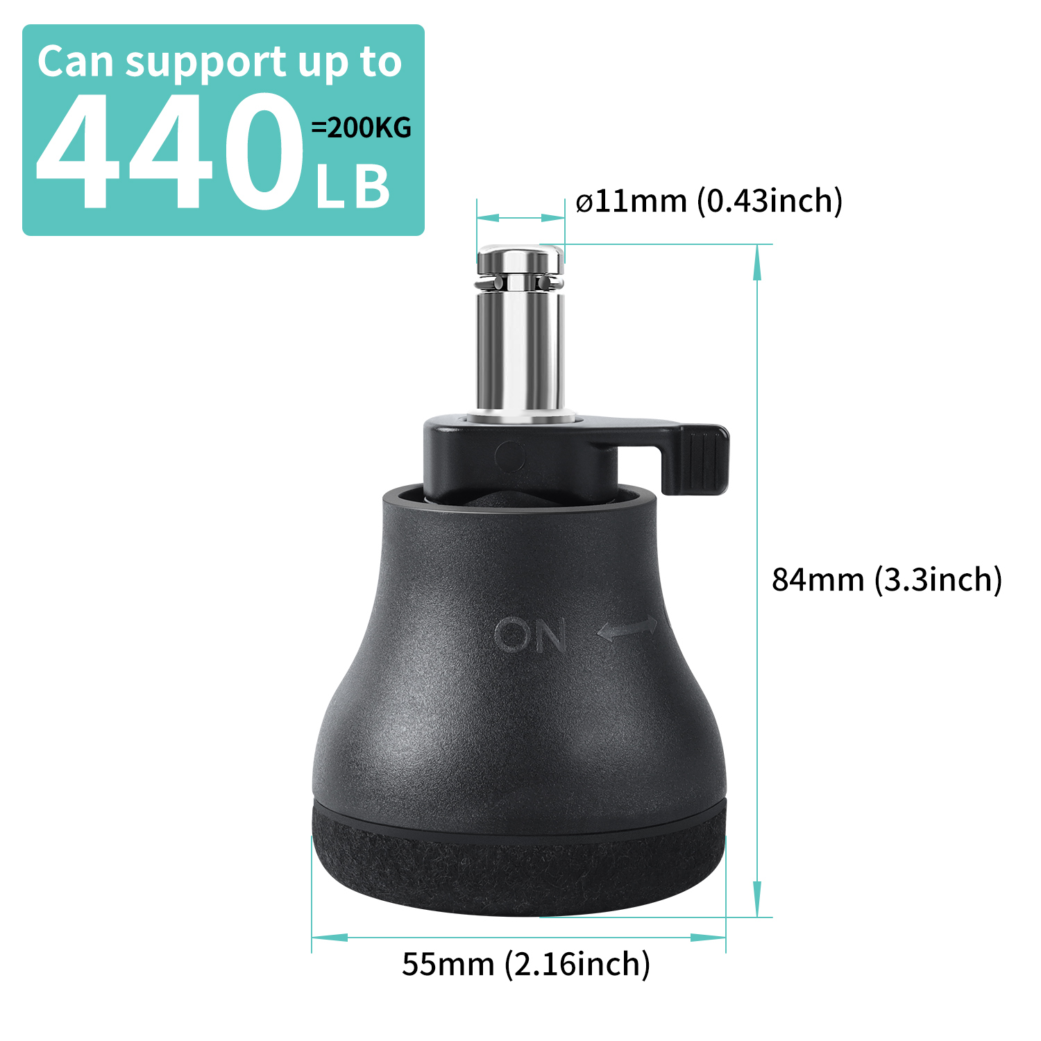 Office Chair Swivel Caster Wheels to Fixed Stationary Castors, Short Profile with Separate Self Adhesive Felt Pads Black