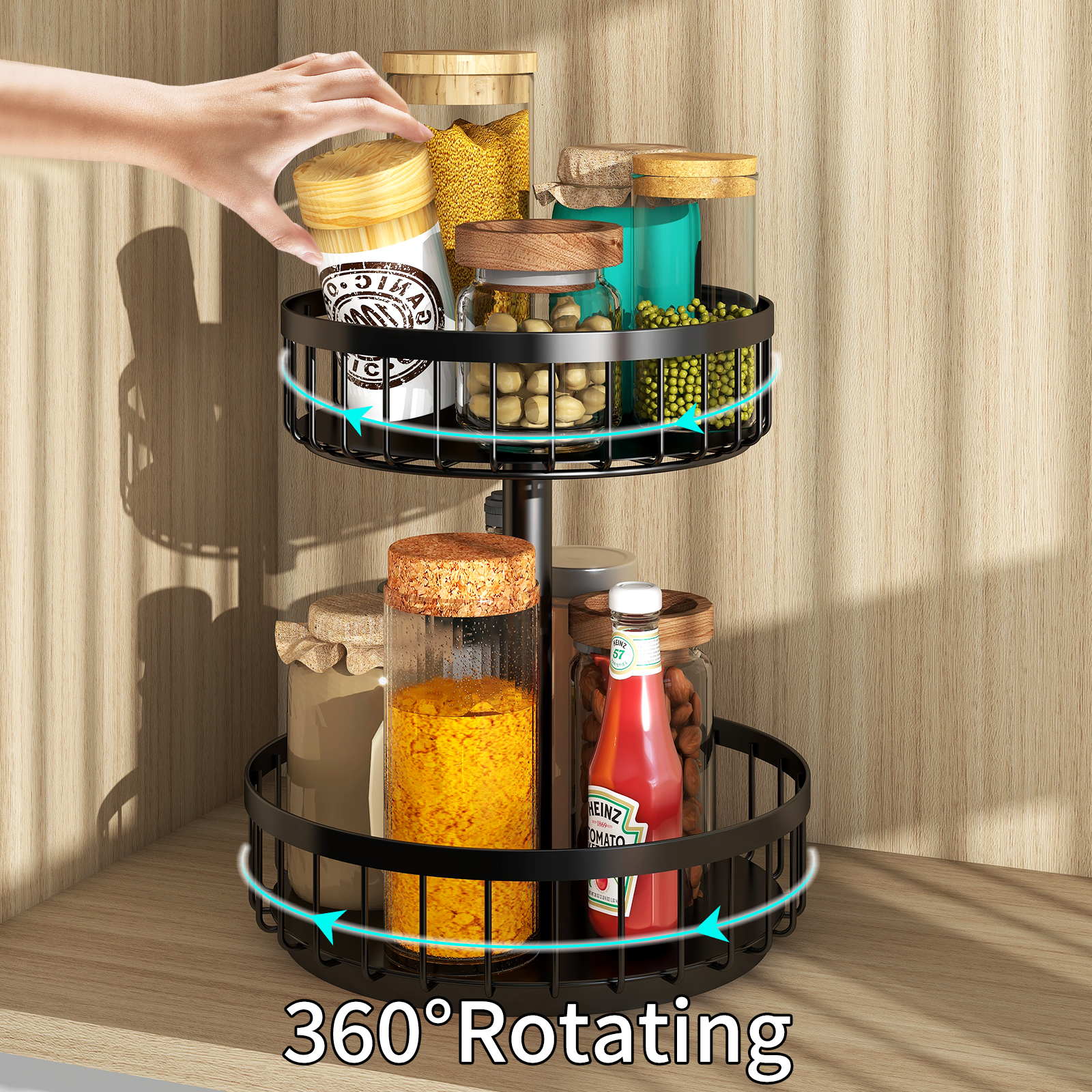Two Layers of Round Multifunctional Countertop Fruit and Vegetable Basket Bowl Removable Storage Spice Rack