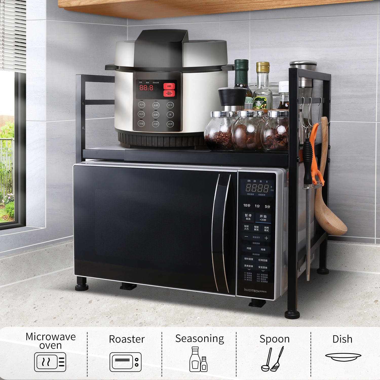 Extendable Microwave Oven Rack, Adjustable Microwave/toaster Shelf Heavy Duty Stand Kitchen Counter Top Organizer Black Morderm