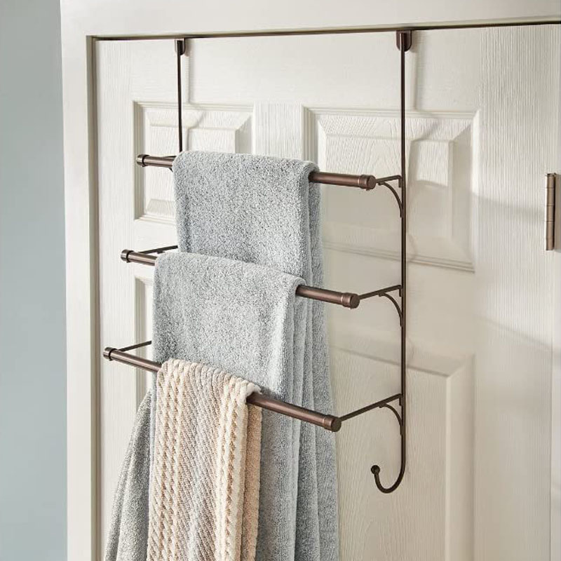Over-The-Door 3 Tier Bathroom Towel Bar Rack with Hooks Bathroom Towel Organizer Holder Metal Towel Rail
