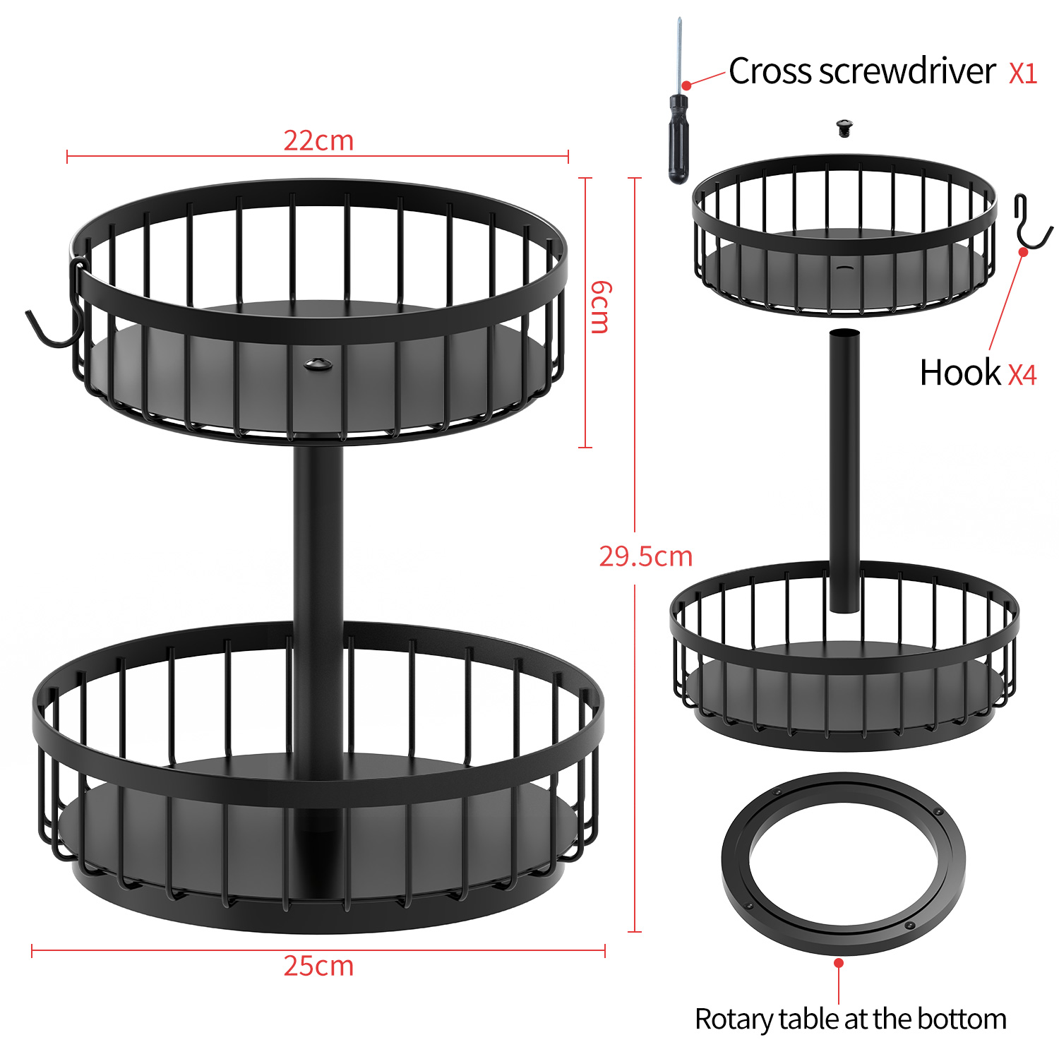 2 Layers Round Countertop Fruit and Vegetable Basket Bowl Storage Stainless Steel Revolving Spice Rack