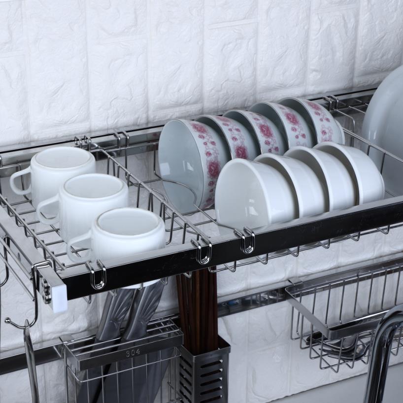 2 Tier Stainless Steel Metal Kitchen Storage Organizer Dish Shelf Over the Sink Roll up Dish Drying Rack for Kitchen Sink