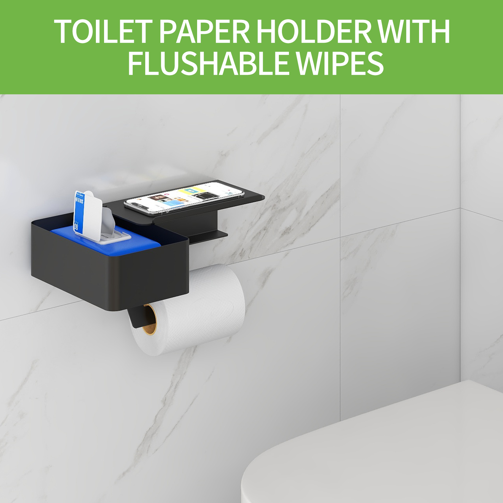 New Arrival Matte Black Toilet Paper Holder Tissue Roll Hanger with Shelf Flushable Paper  Dispenser Storage Box