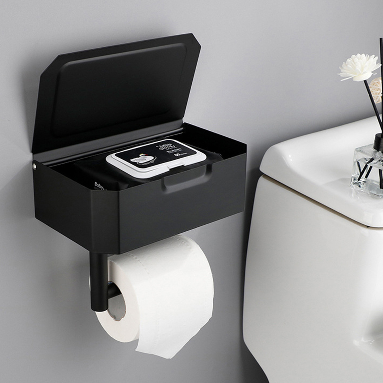 New Design Metal Stainless Steel Black Cell Phone Holder Cover Storage Box Toilet Paper  Standing Toilet Paper Holder