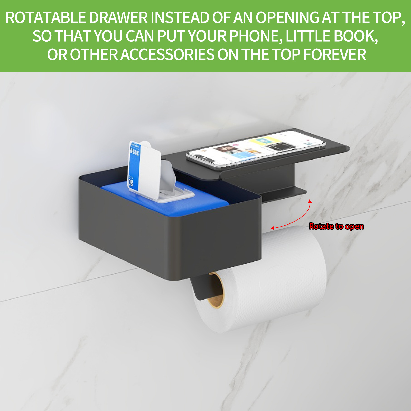 Wall Mounted Toilet Paper Holder with Storage Bathroom Self-adhesive 3M Sticker Aluminum Rotatable Paper Towel Holder