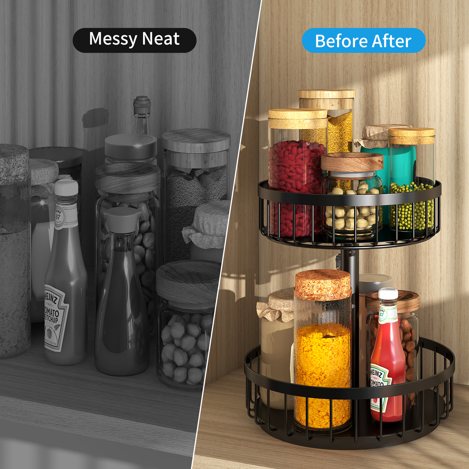 Two Layers of Round Multifunctional Countertop Fruit and Vegetable Basket Bowl Removable Storage Spice Rack