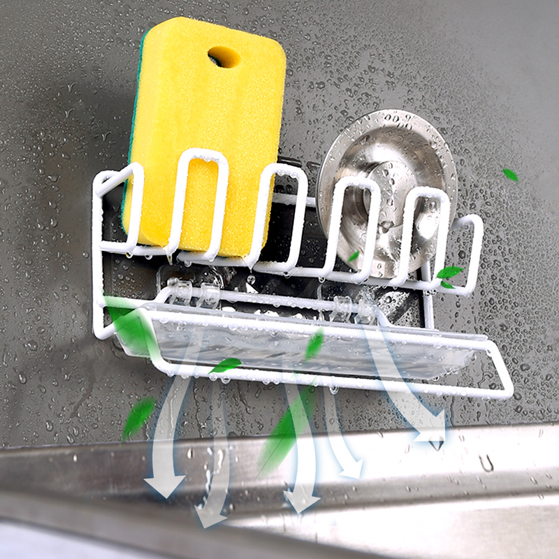 Kitchen Sponge Holder Drain Racks Self Adhesive Dish Cloth Hanger Soap Rag Brush Holder Carbon Steel Storage Organizer Basket