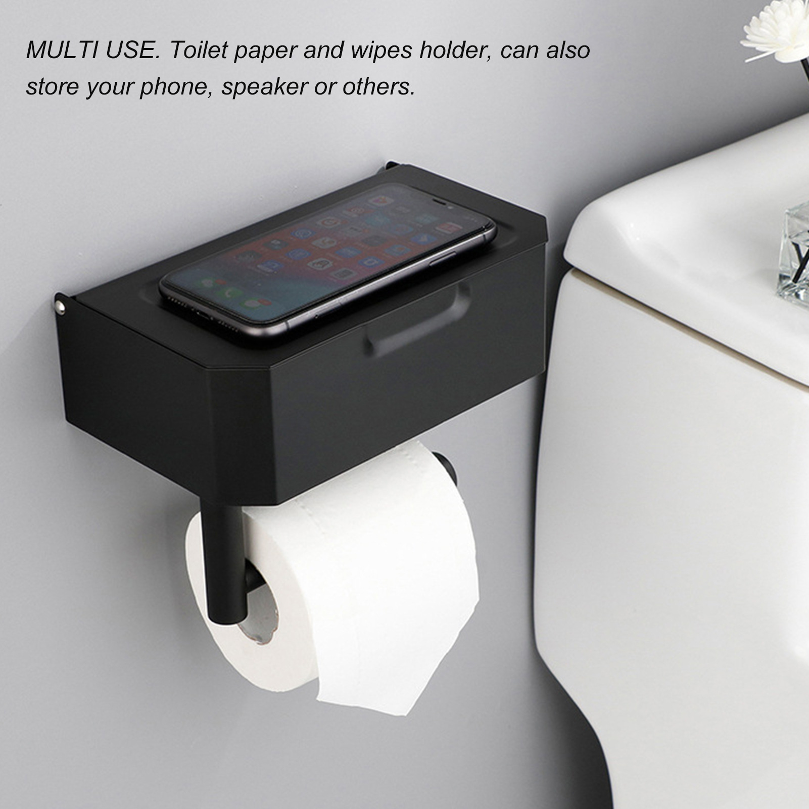 New Design Metal Stainless Steel Black Cell Phone Holder Cover Storage Box Toilet Paper  Standing Toilet Paper Holder