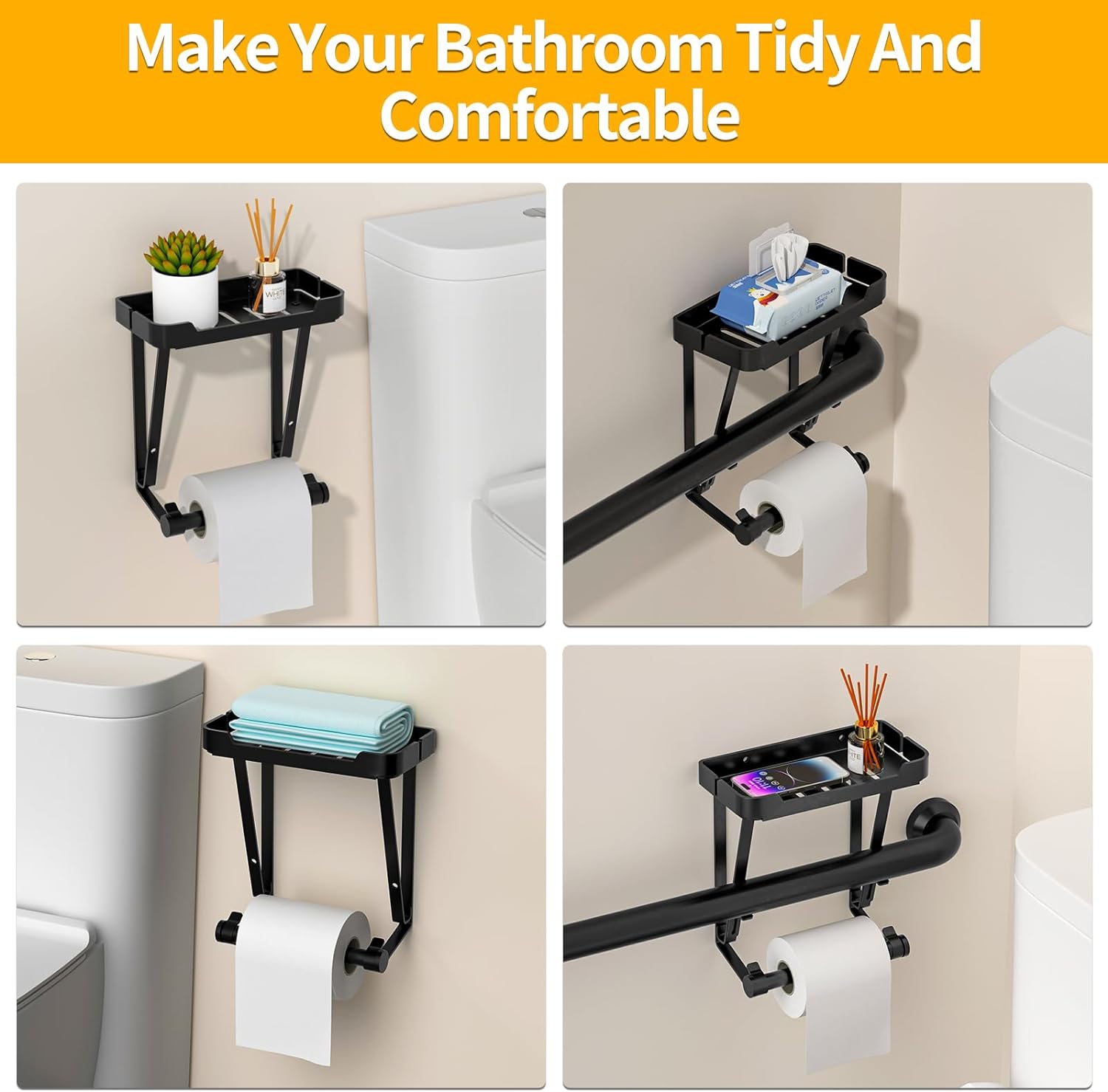 New Design Metal Stainless Steel Black Cell Phone Holder Cover Storage Box and Standing Toilet Paper Holder for Kitchen Use