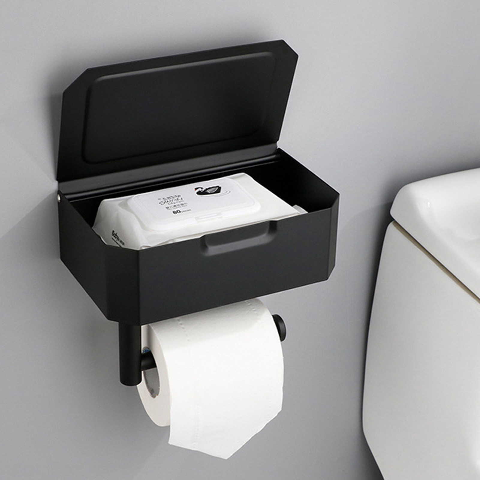 New Design Metal Stainless Steel Black Cell Phone Holder Cover Storage Box Toilet Paper  Standing Toilet Paper Holder