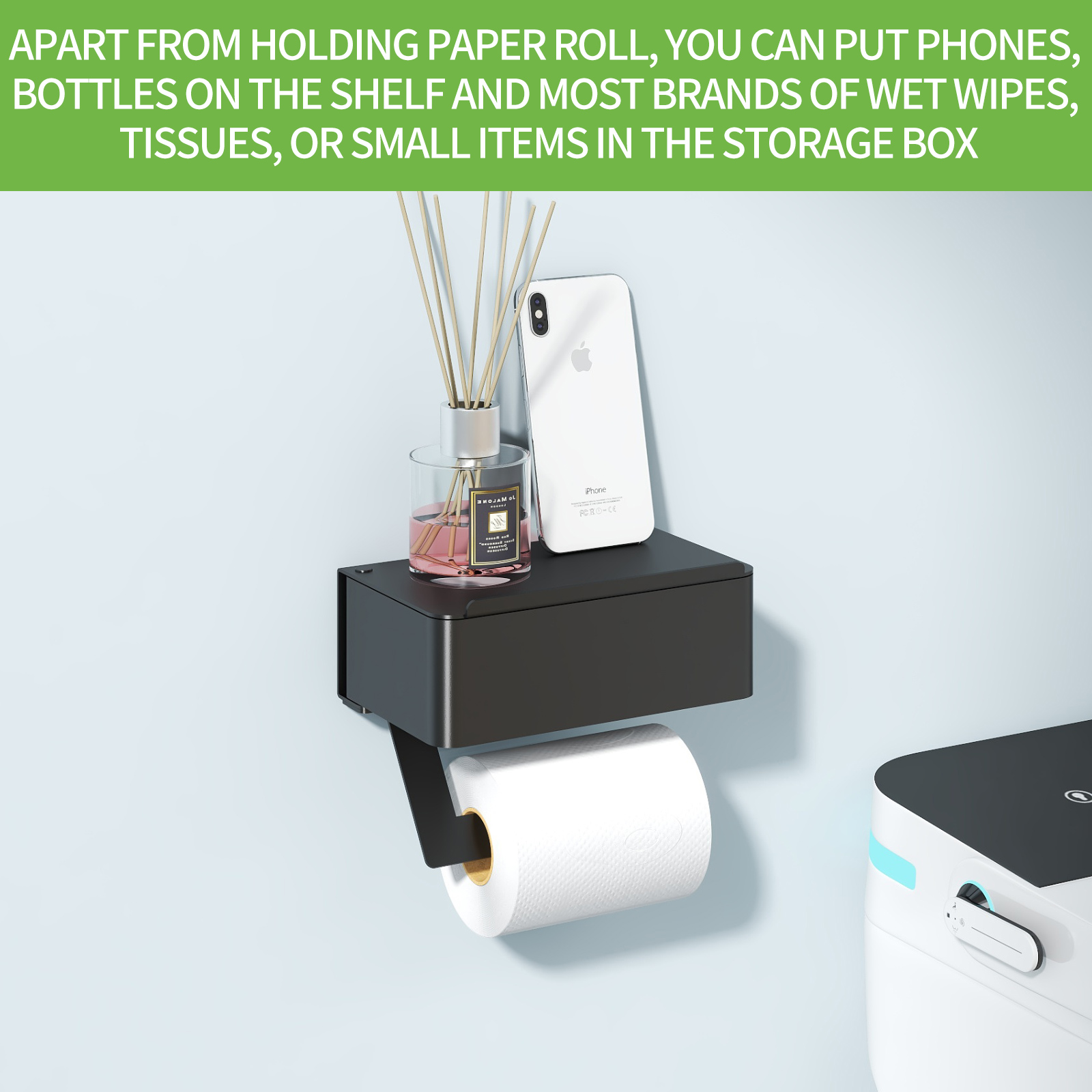 New Arrival Matte Black Toilet Paper Holder Tissue Roll Hanger with Shelf Flushable Paper  Dispenser Storage Box