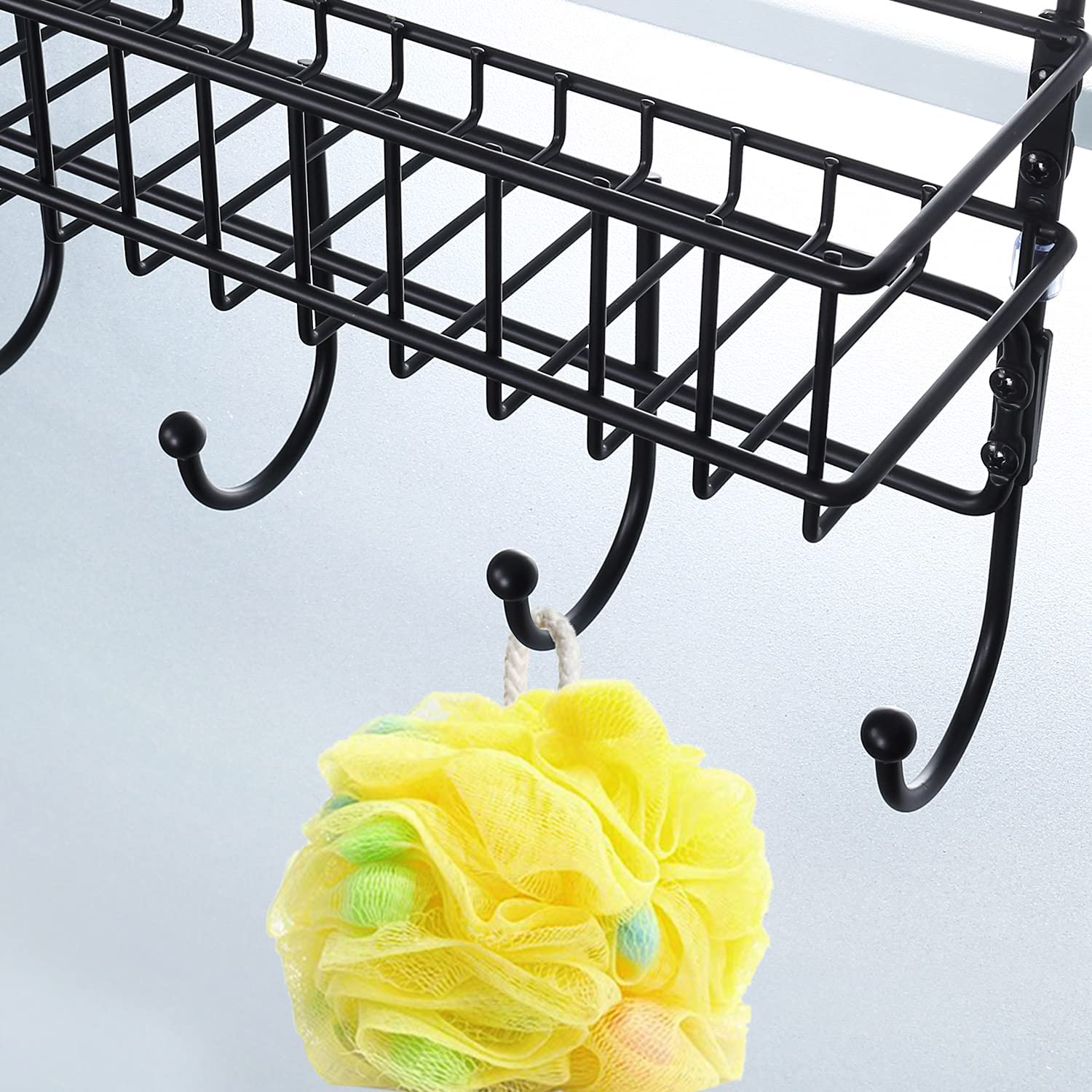 Rustproof Coat Rack Spice Rack, Clamp Adjustable Over the Door Hanger with Basket, Built-in 5 Hooks Metal Storage Shelf