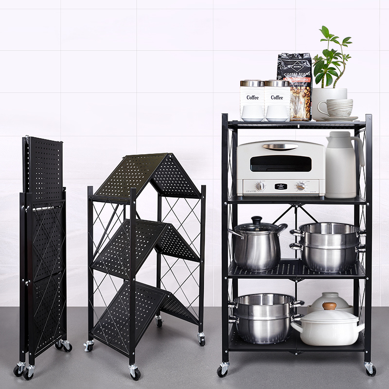 Collapsible Wire Shelving Kitchen Shelves Bookshelf with Wheels for Living Room Bathroom 3-Tier Foldable Storage Shelves