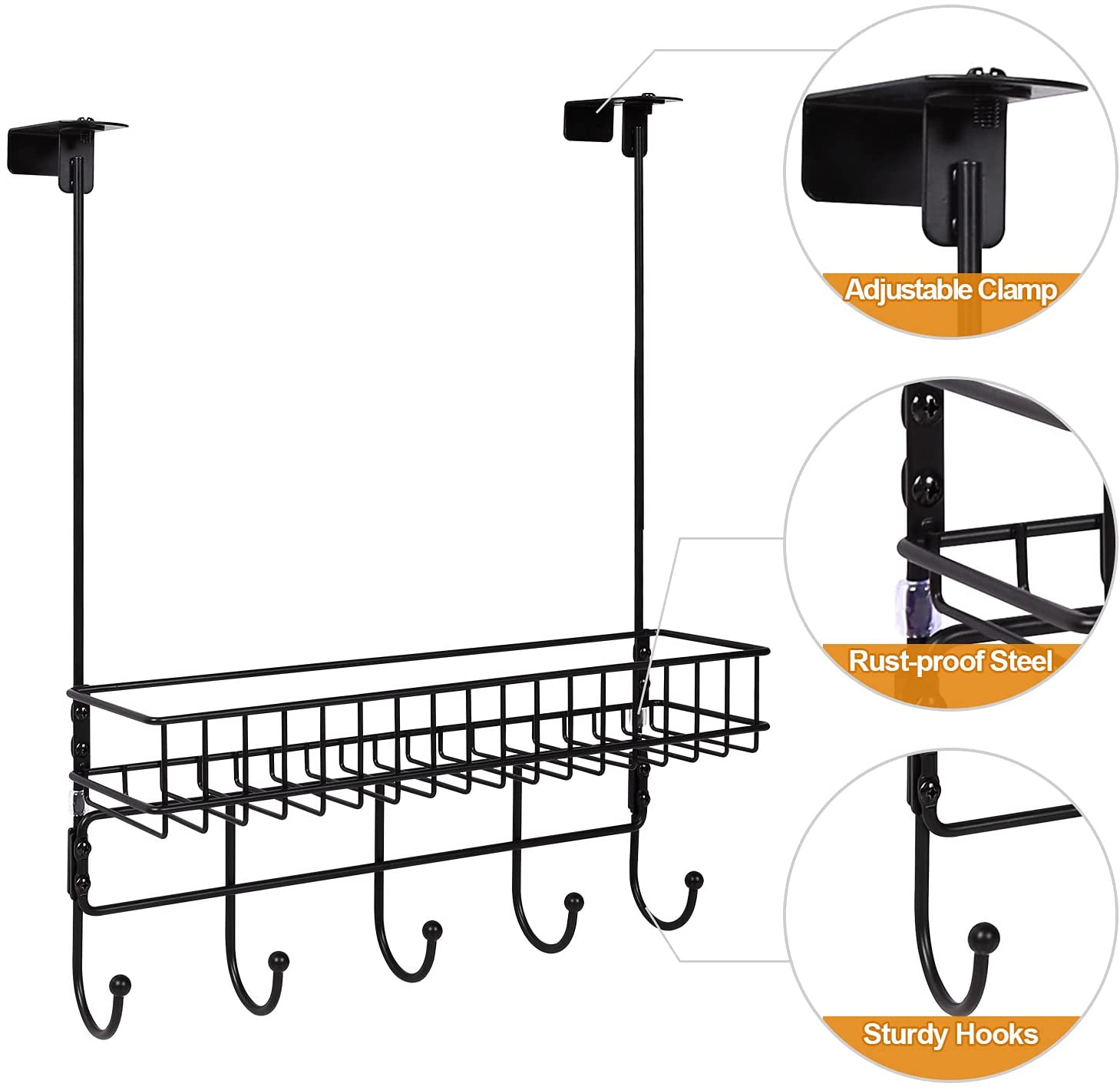 Rustproof Coat Rack Spice Rack, Clamp Adjustable Over the Door Hanger with Basket, Built-in 5 Hooks Metal Storage Shelf
