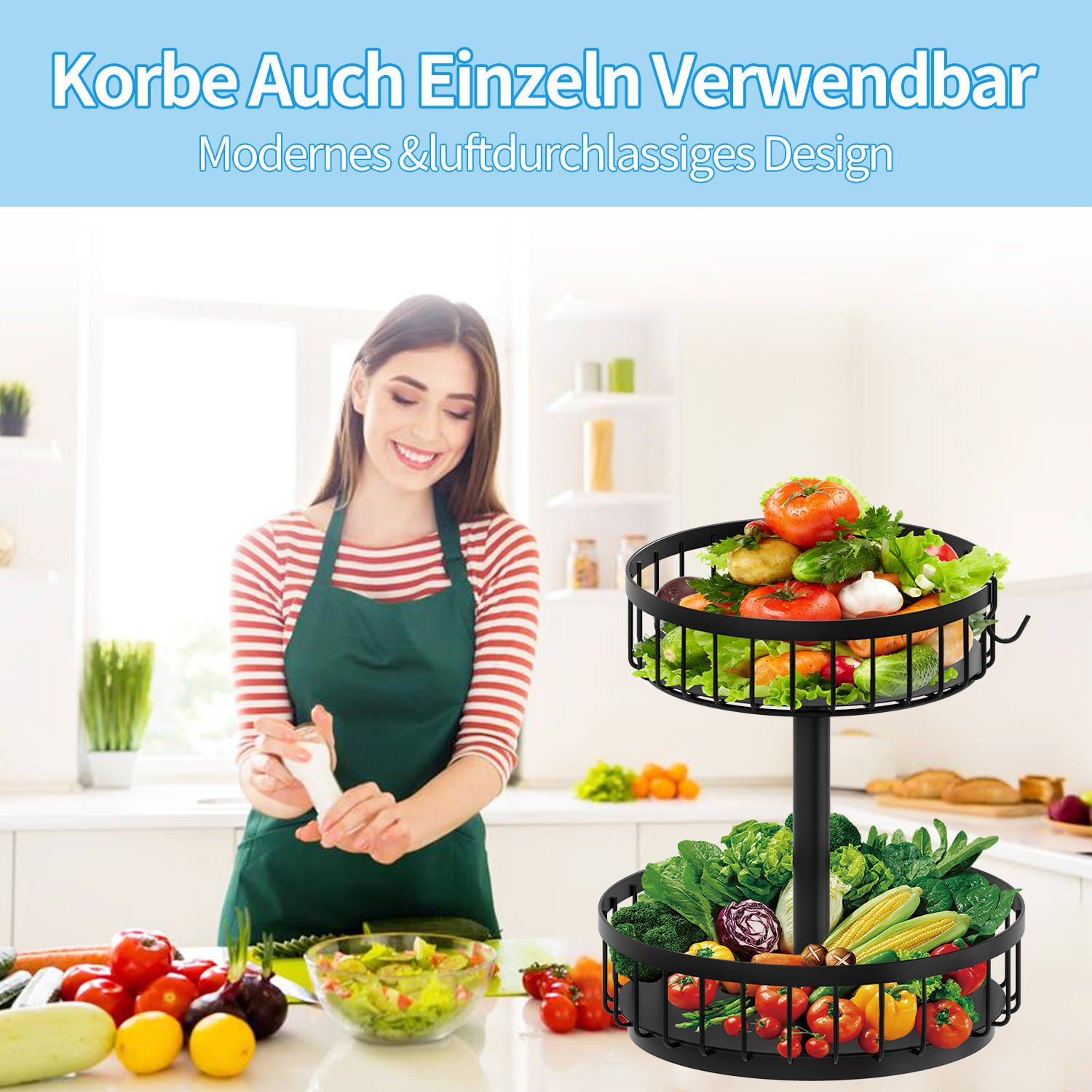 2 Layers Round Countertop Fruit and Vegetable Basket Bowl Storage Stainless Steel Revolving Spice Rack