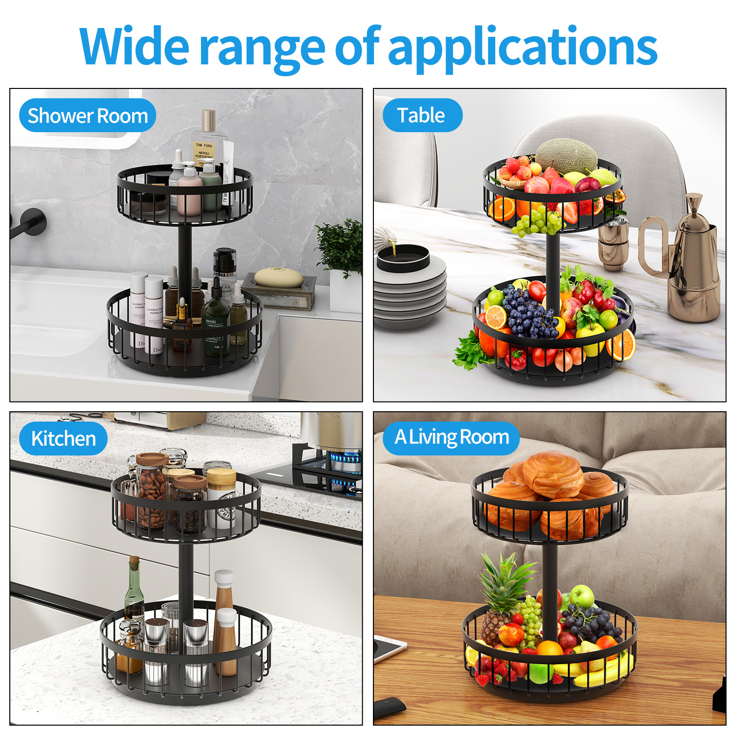 2 Layers Round Countertop Fruit and Vegetable Basket Bowl Storage Stainless Steel Revolving Spice Rack