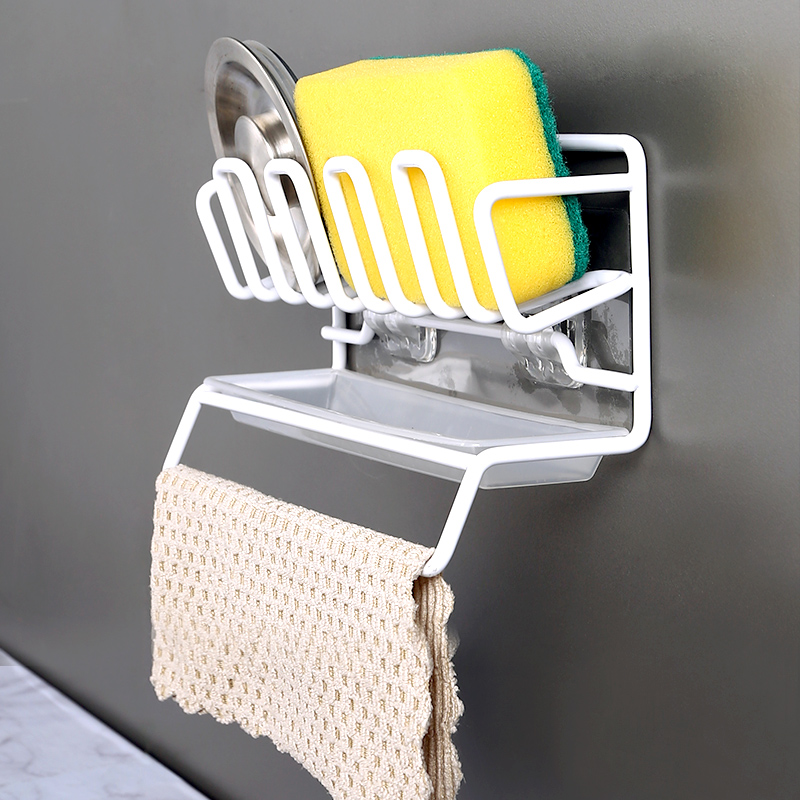 Kitchen Sponge Holder Drain Racks Self Adhesive Dish Cloth Hanger Soap Rag Brush Holder Carbon Steel Storage Organizer Basket