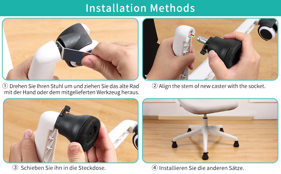 Office Chair Swivel Caster Wheels to Fixed Stationary Castors, Short Profile with Separate Self Adhesive Felt Pads Black