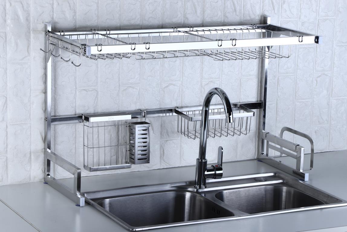2 Tier Stainless Steel Metal Kitchen Storage Organizer Dish Shelf Over the Sink Roll up Dish Drying Rack for Kitchen Sink